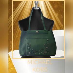 Michael Kors Meredith East West Green Shoulder Bag – Leather, Floral Detail